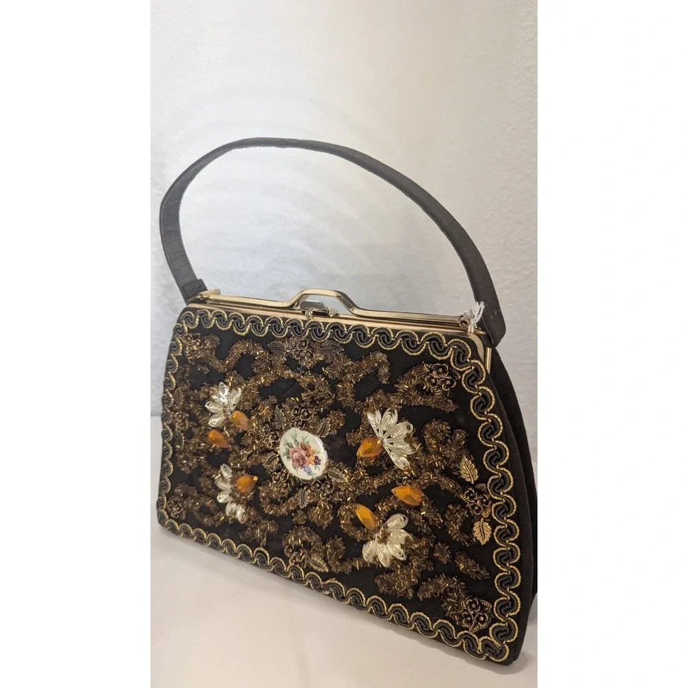 Vintage 1950s Black Beaded Evening‎ Bag Amber Floral Cabochon Frame Purse